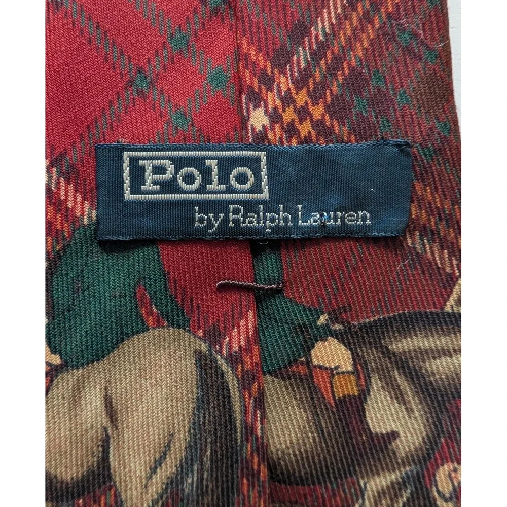 Polo Ralph Lauren Red Plaid Wool Fox Hunt Equestrian Horse Tie Made in USA
